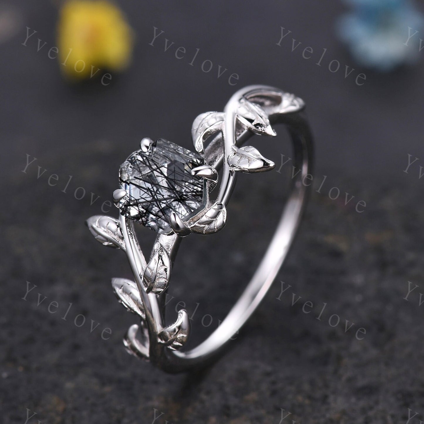 Hexagon Black Rutilate Quartz Ring,Vintage Twig Vine Leaf Ring,Unique Engagement Ring,Alexandrite Ring,Promise Anniversary Bridal Ring Gift