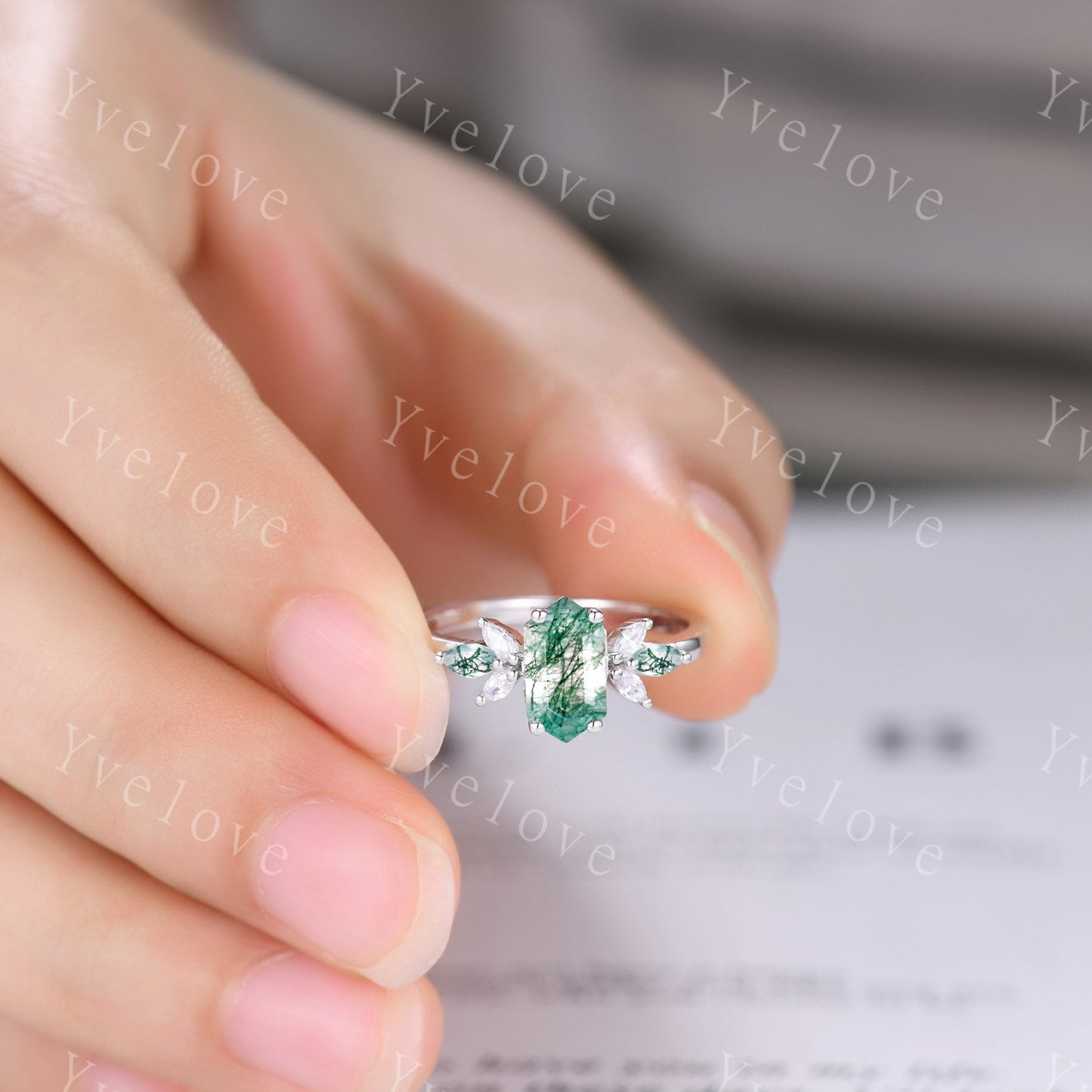 Vintage Hexagon cut Moss Agate Engagement Ring,Unique Bridal Ring Marquise Moissanite Green Agate Wedding Band Promise Ring Gift Silver Ring