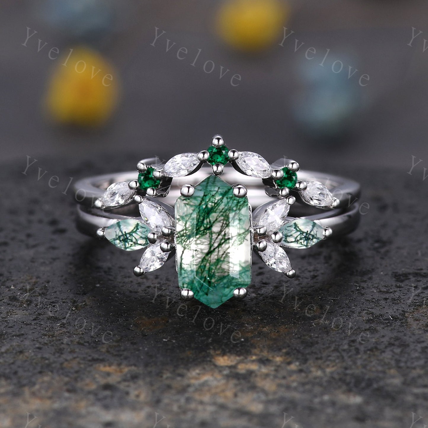Vintage Hexagon cut Moss Agate Engagement Ring,Unique Bridal Ring Marquise Moissanite Green Agate Wedding Band Promise Ring Gift Silver Ring