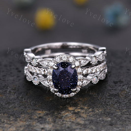 Vintage Oval Sandstone Engagement Ring Set Halo Moissanite Ring Set Art Deco Opal Moissanite ring wrap ring guard enhancer Ring Silver Ring
