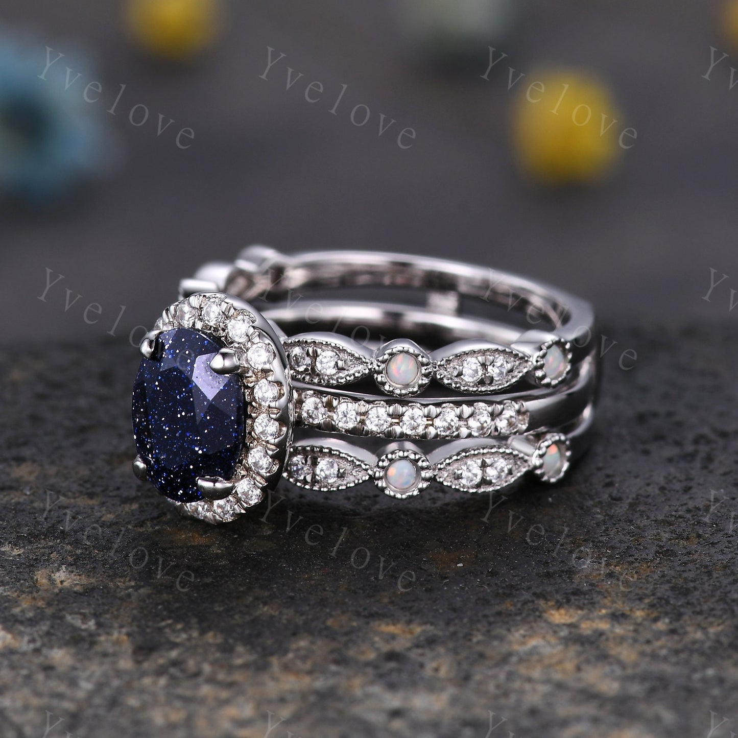 Vintage Oval Sandstone Engagement Ring Set Halo Moissanite Ring Set Art Deco Opal Moissanite ring wrap ring guard enhancer Ring Silver Ring