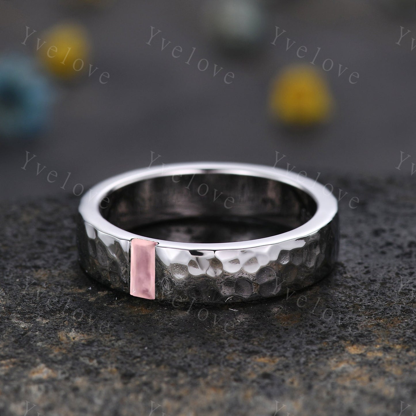 Mens Rose Quartz Wedding Band Baguette Cut Pink Gems Band 5mm Solid Gold Ring Mens Hammered Stacking Matching Band Retro Vintage Ring Gift