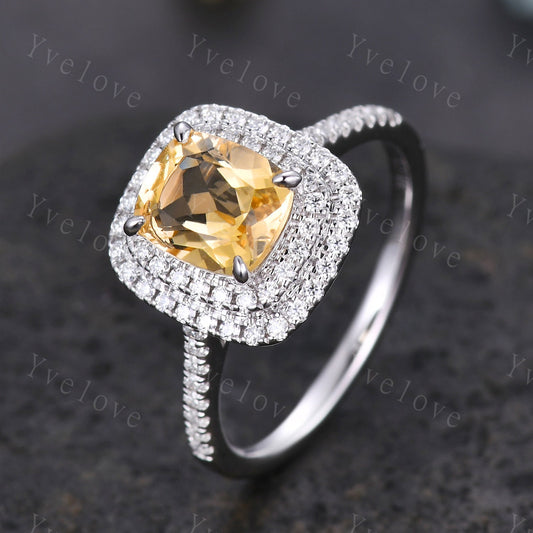 Doule halo Citrine engagement ring 14k white gold Emerald cut yellow citrine wedding ring diamond band November birthstone anniversary ring