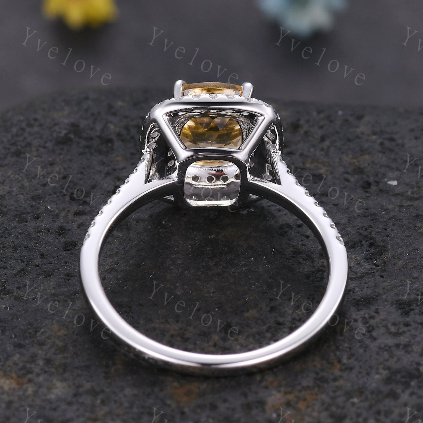 Doule halo Citrine engagement ring 14k white gold Emerald cut yellow citrine wedding ring diamond band November birthstone anniversary ring