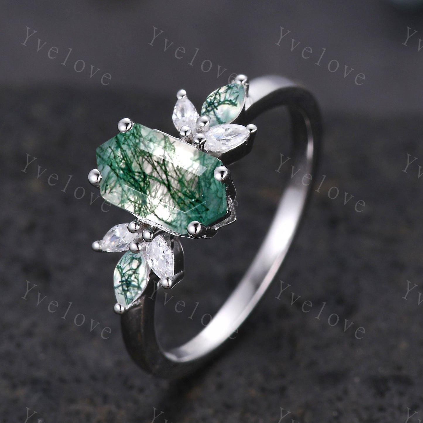 Vintage Hexagon cut Moss Agate Engagement Ring,Unique Bridal Ring Marquise Moissanite Green Agate Wedding Band Promise Ring Gift Silver Ring