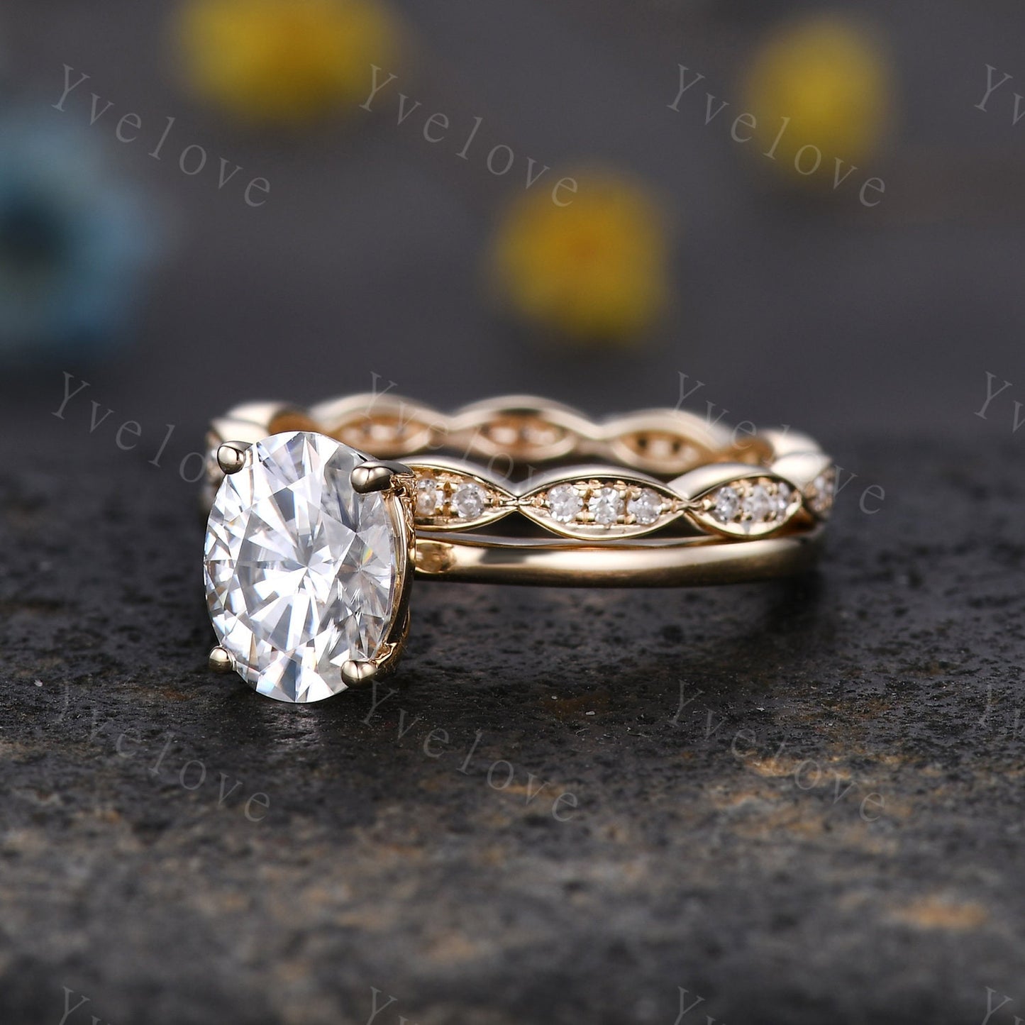 Wedding Ring Set Moissanite Engagement Ring 6x8mm Oval Cut Moissanite Ring Art Deco Diamond Wedding Band Solid 14K Yellow Gold
