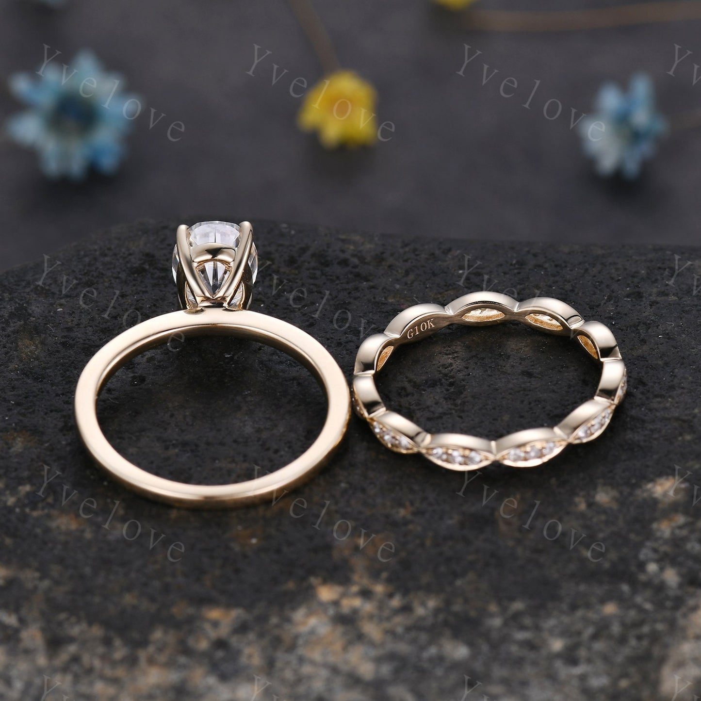 Wedding Ring Set Moissanite Engagement Ring 6x8mm Oval Cut Moissanite Ring Art Deco Diamond Wedding Band Solid 14K Yellow Gold
