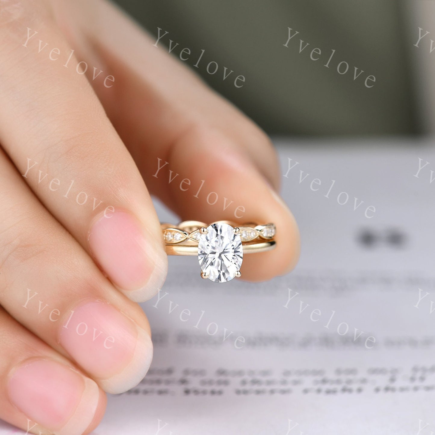 Wedding Ring Set Moissanite Engagement Ring 6x8mm Oval Cut Moissanite Ring Art Deco Diamond Wedding Band Solid 14K Yellow Gold