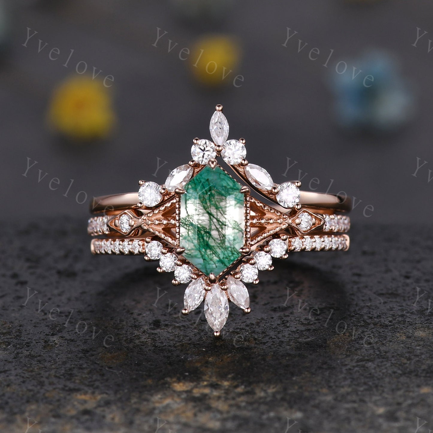 Vintage Long Hexagon Cut Moss Agate Ring Diamond Rose Gold Band Natural Green Moss Agate Jewelry Art Deco Promise Engagement Ring For Women