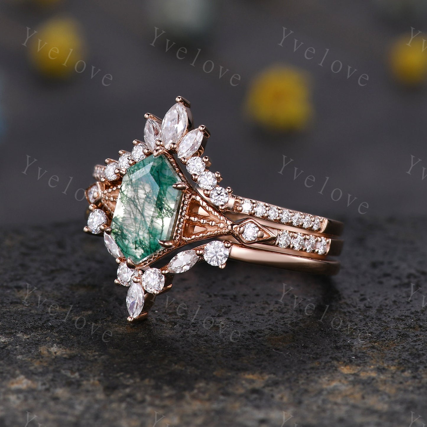Vintage Long Hexagon Cut Moss Agate Ring Diamond Rose Gold Band Natural Green Moss Agate Jewelry Art Deco Promise Engagement Ring For Women