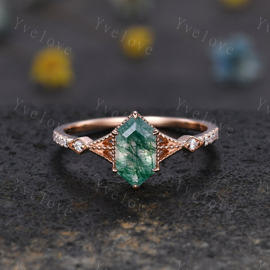 Vintage Long Hexagon Cut Moss Agate Ring Diamond Rose Gold Band Natural Green Moss Agate Jewelry Art Deco Promise Engagement Ring For Women