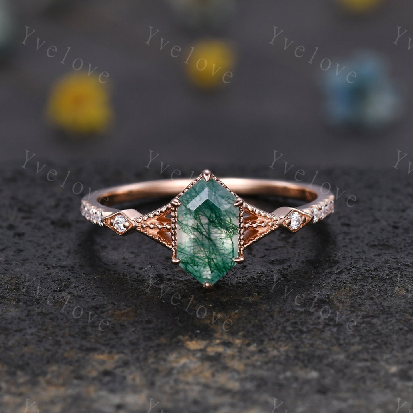 Vintage Moss agate engagement ring,hexagon moss agate ring set,Moissanite gold band,Moss agate fine jewelry,Promise ring set,14k rose gold
