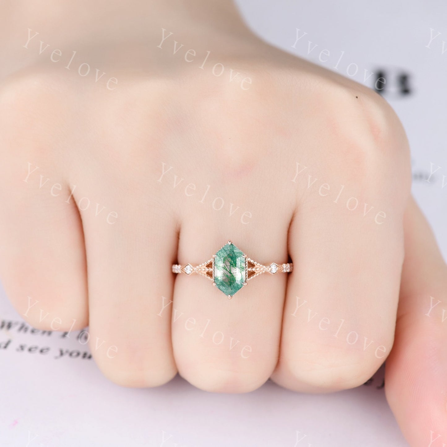 Vintage Long Hexagon Cut Moss Agate Ring Diamond Rose Gold Band Natural Green Moss Agate Jewelry Art Deco Promise Engagement Ring For Women