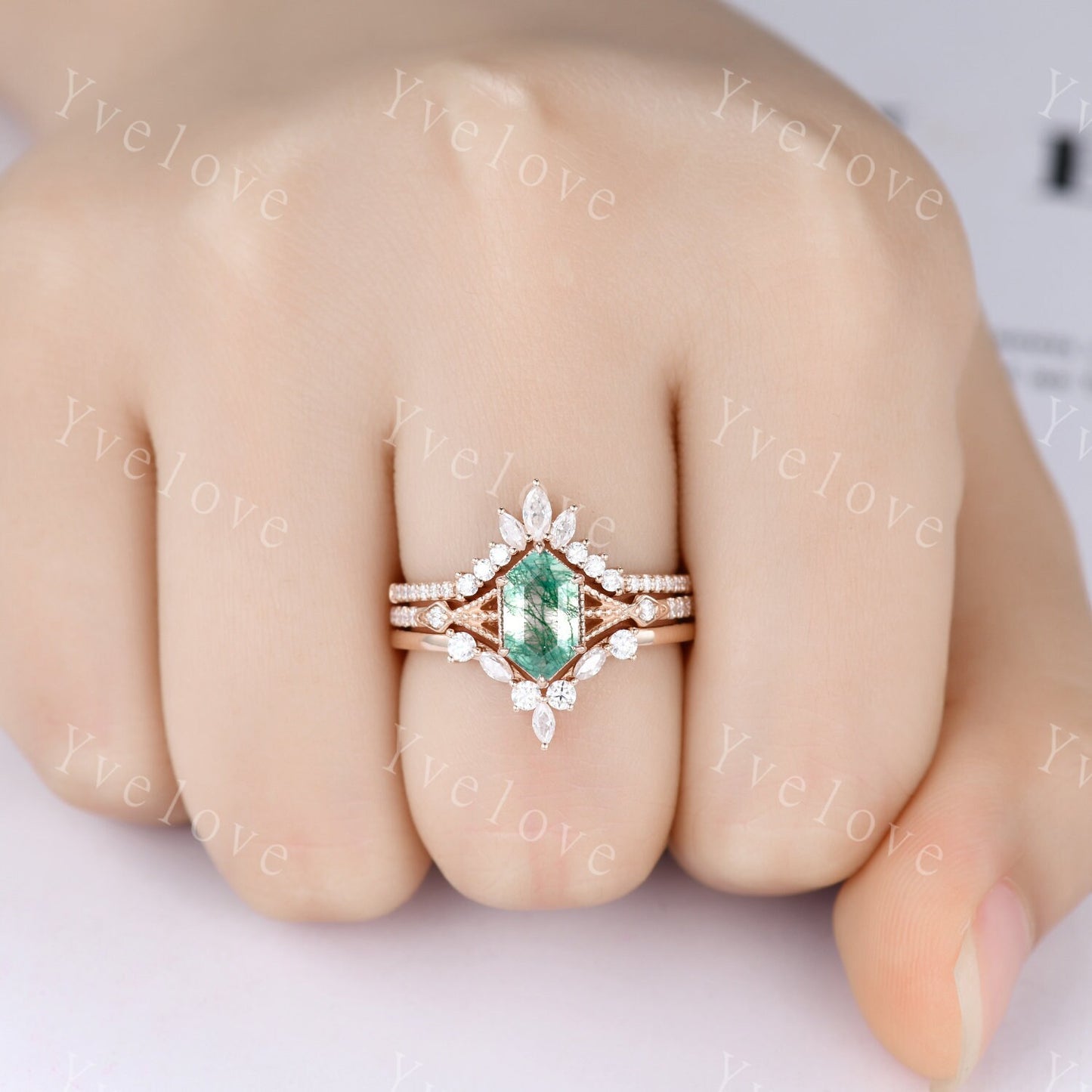 Vintage Moss agate engagement ring,hexagon moss agate ring set,Moissanite gold band,Moss agate fine jewelry,Promise ring set,14k rose gold