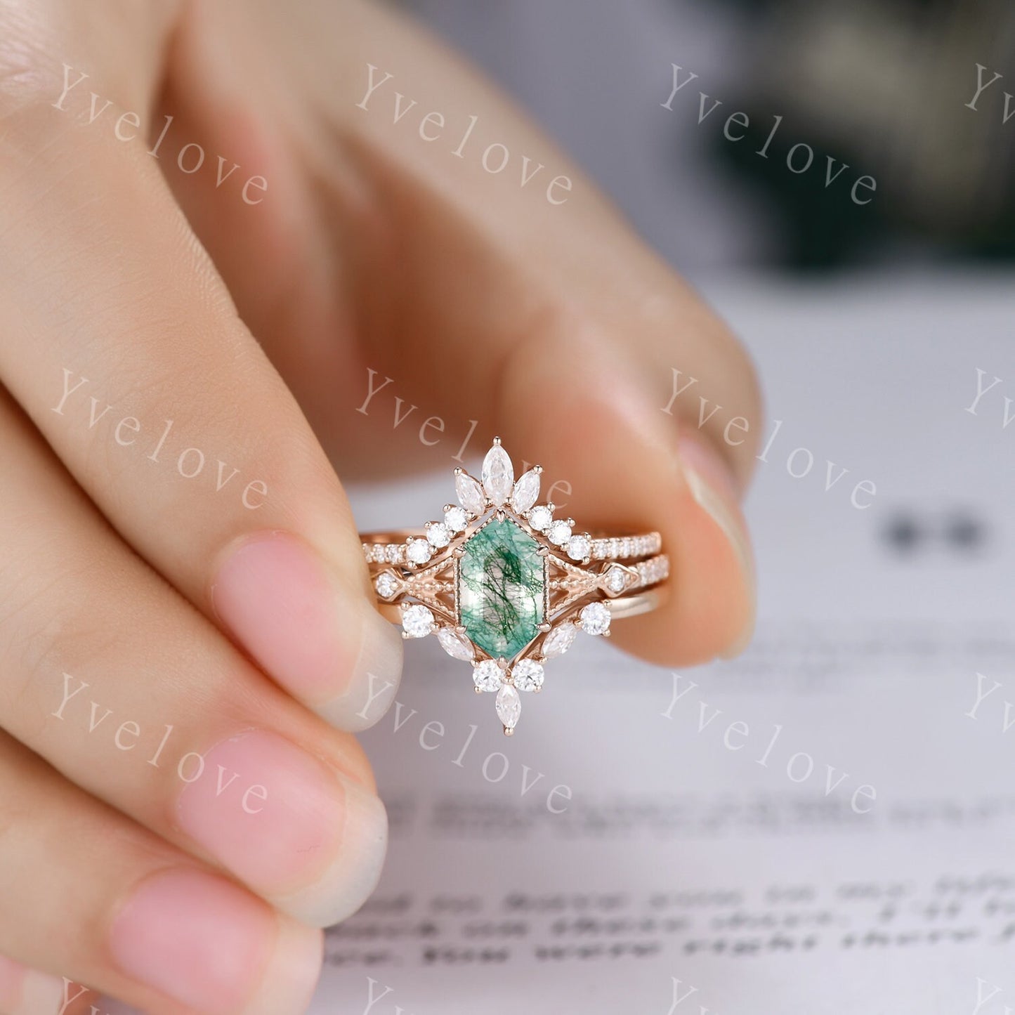 Vintage Moss agate engagement ring,hexagon moss agate ring set,Moissanite gold band,Moss agate fine jewelry,Promise ring set,14k rose gold