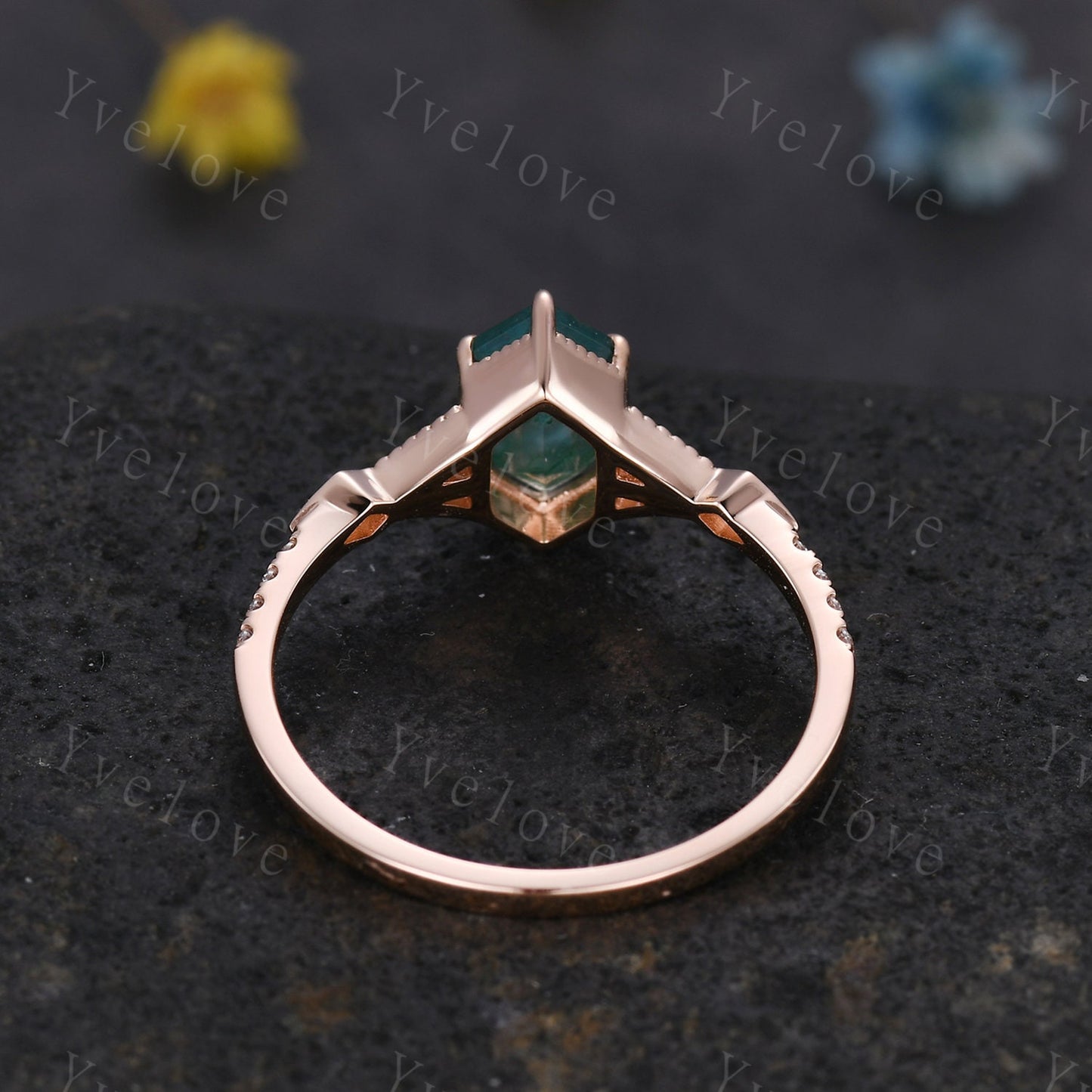 Vintage Long Hexagon Cut Moss Agate Ring Diamond Rose Gold Band Natural Green Moss Agate Jewelry Art Deco Promise Engagement Ring For Women