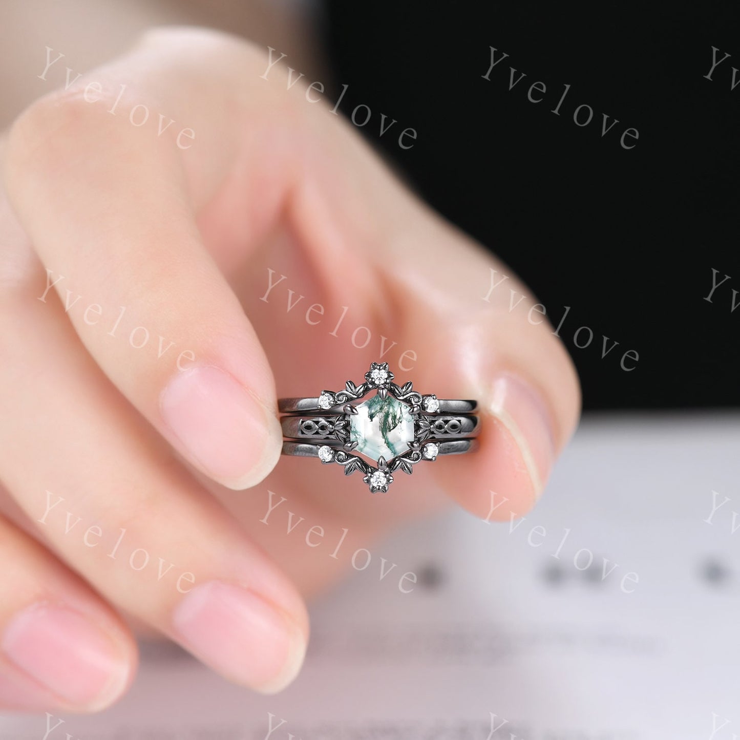 Hexagon Shaped Moss Agate Engagement Ring Set Silver Ring Vintage Moss Agate Wedding Ring Enhancer Band Art Deco Bridal  Ring Set For Women