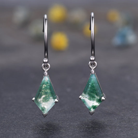 Vintage Kite cut Moss agate earrings natural gemstone jewelry unique earrings women art deco earring anniversary gift for her Birthday Gift