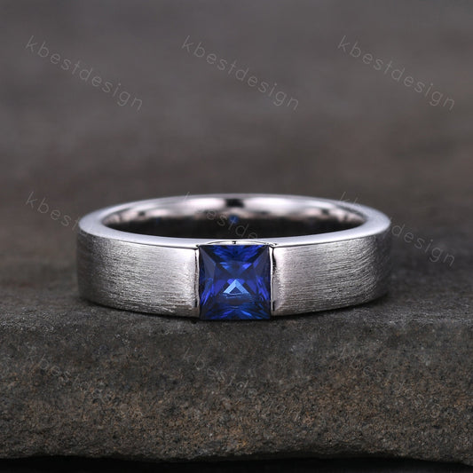 Sapphire Mens Wedding Ring 5mm Princess cut Blue Sapphire Mens Ring Brushed Finish Band September Ring for Him Mens White Gold Ring