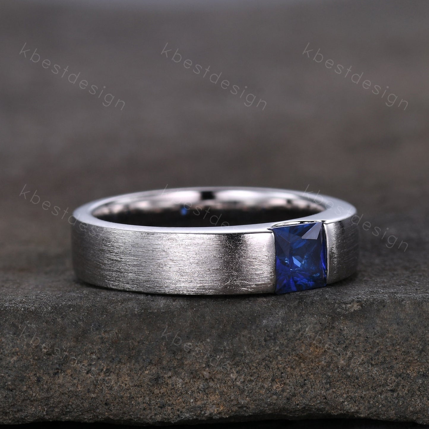 Sapphire Mens Wedding Ring 5mm Princess cut Blue Sapphire Mens Ring Brushed Finish Band September Ring for Him Mens White Gold Ring