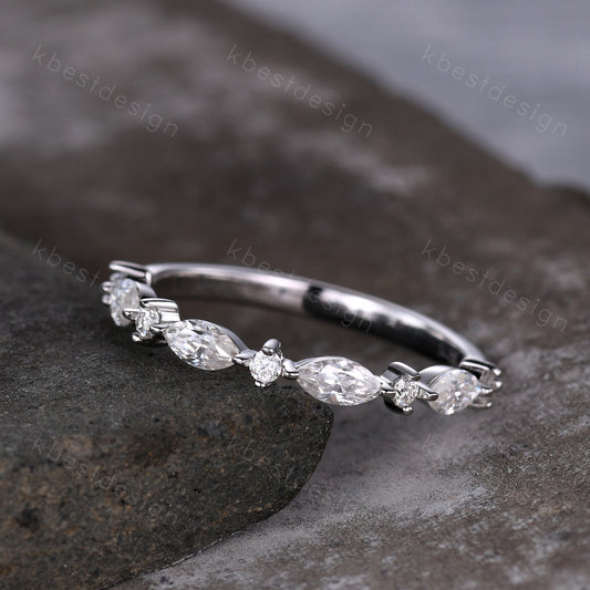 Delicate Moissanite wedding band Half Eternity Marquise cut Moissantie Stacking Band Women Matching Band Promise Anniversary Ring