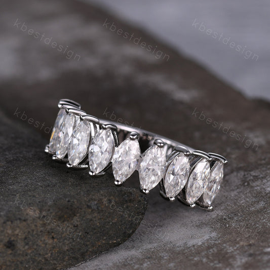 Vintage Moissanite wedding band women Marquise cut Half eternity band White gold wedding band unique Stacking bridal ring promise ring