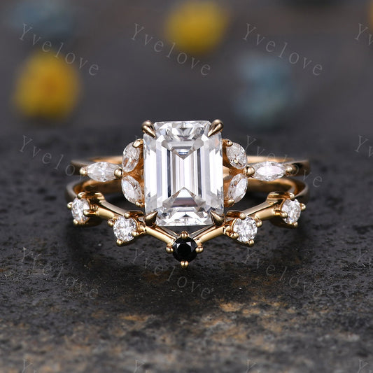 Vintage Moissanite Engagement Ring Set Emerald Cut Moissanite Ring Floral Split Shank Diamond Ring Bridal Ring Gift 10k Solid Gold Ring