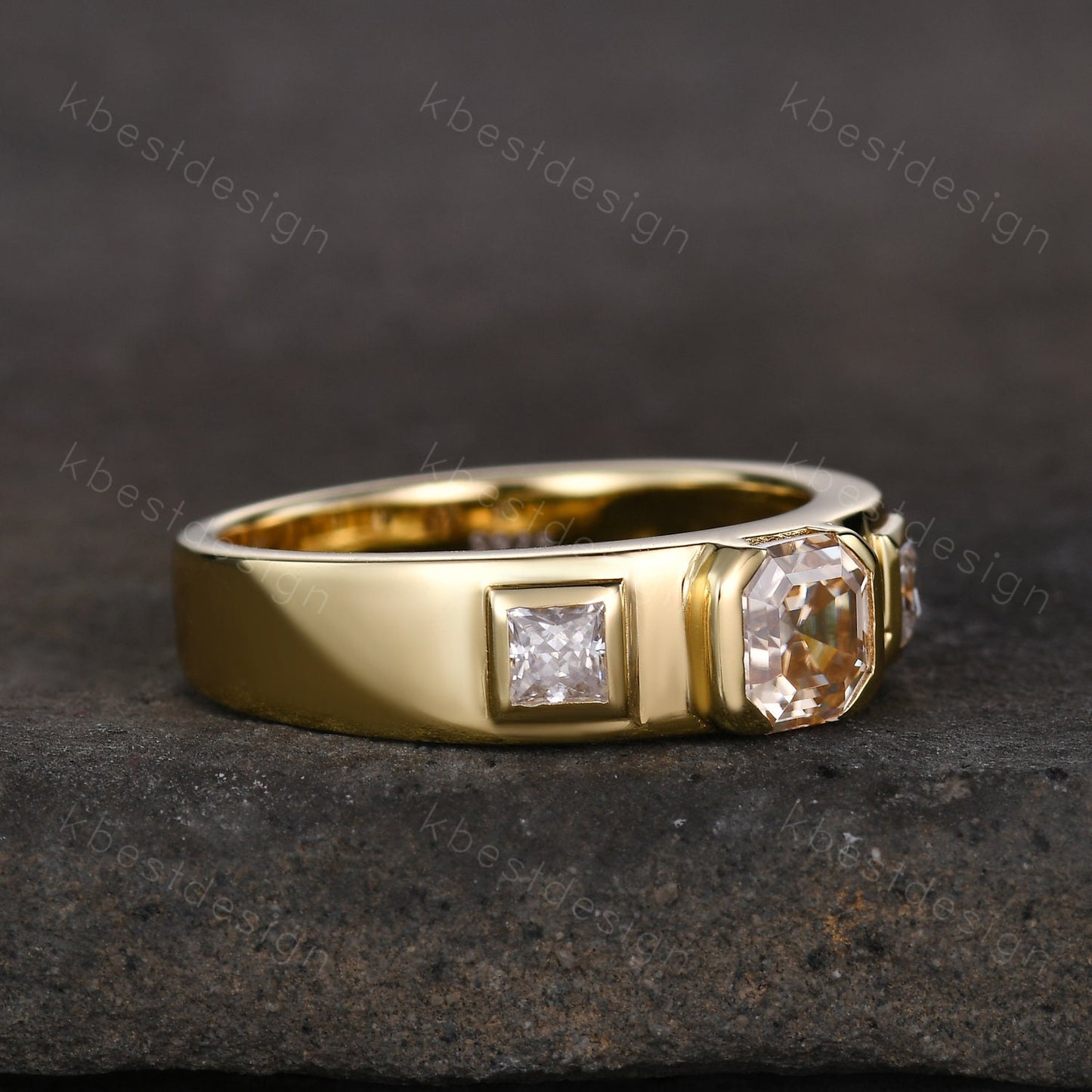 Mens Asscher Cut Champagne Moissanite Ring, 14K Yellow Gold Asscher Cut Ring, Three Stone Moissanite Engagement Ring, Bezel set Mens Band