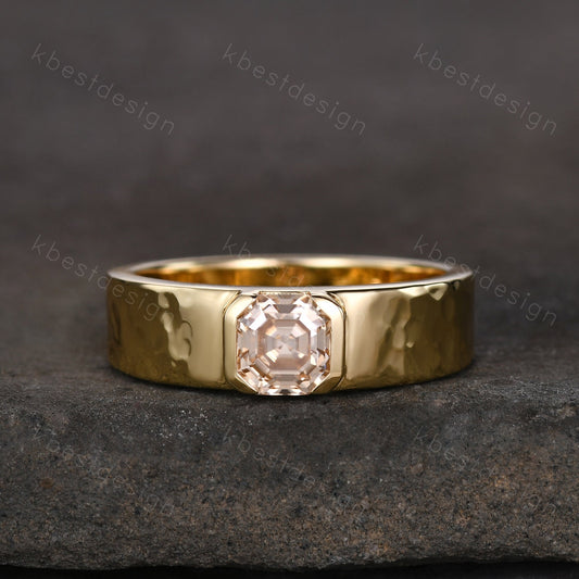 Mens Champagne Moissanite Wedding Band, Asscher Cut Moissanite Mens Wedding Band, Solid Gold 10k/14k/18k Wedding Ring, Mens Hammered Ring