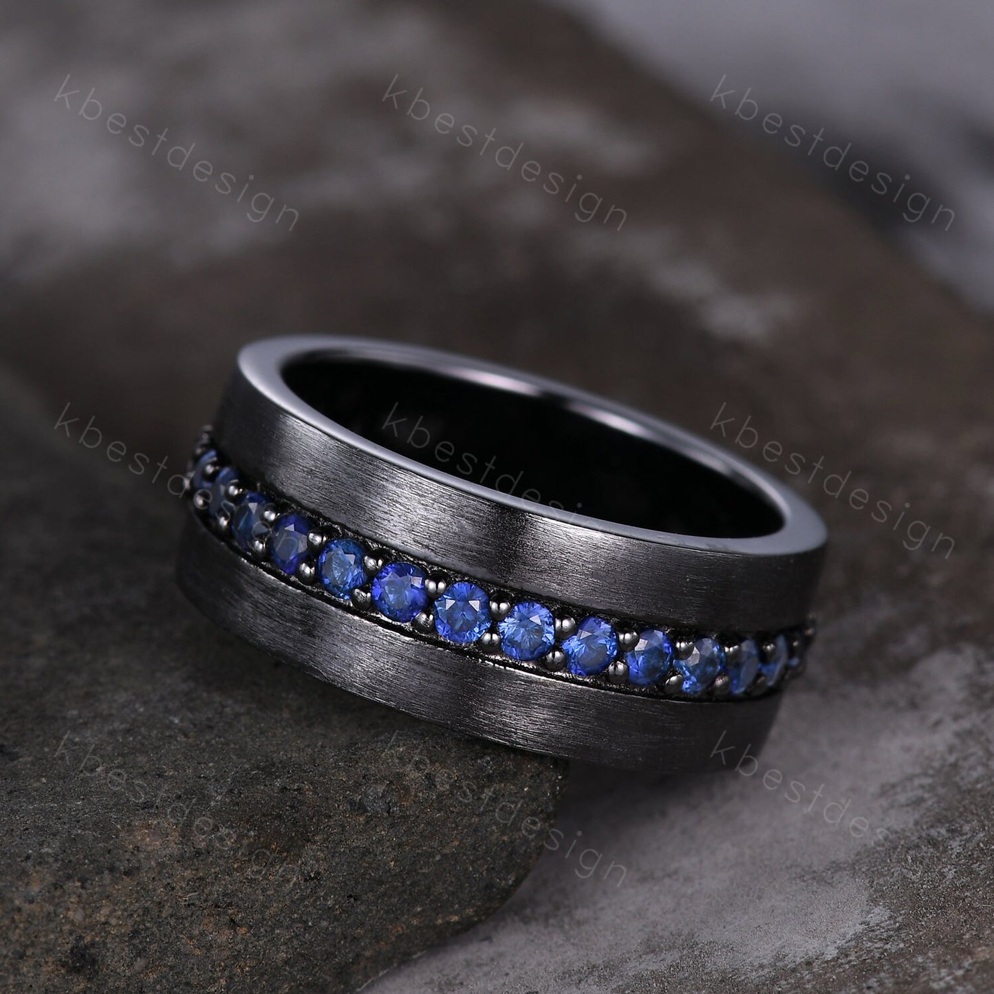 Mens Blue Sapphire Wedding Band in Black Gold, 8mm Comfort Fit Sapphire Wedding Band, September Birthstone, Anniversary Gift for Him