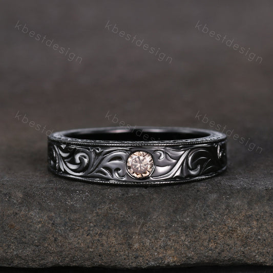 Mens Champagne Moissanite Wedding Band Antique Filigree Black Gold Wedding Band Vintage Mens Stacking Band Unique His Wedding Ring