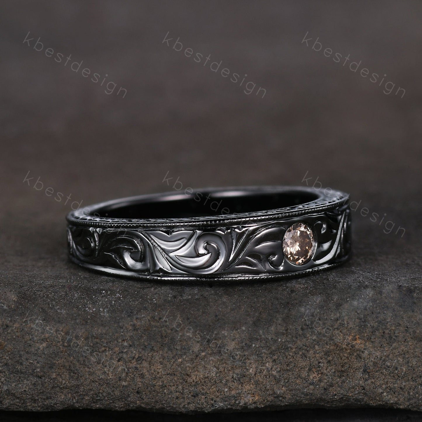 Mens Champagne Moissanite Wedding Band Antique Filigree Black Gold Wedding Band Vintage Mens Stacking Band Unique His Wedding Ring
