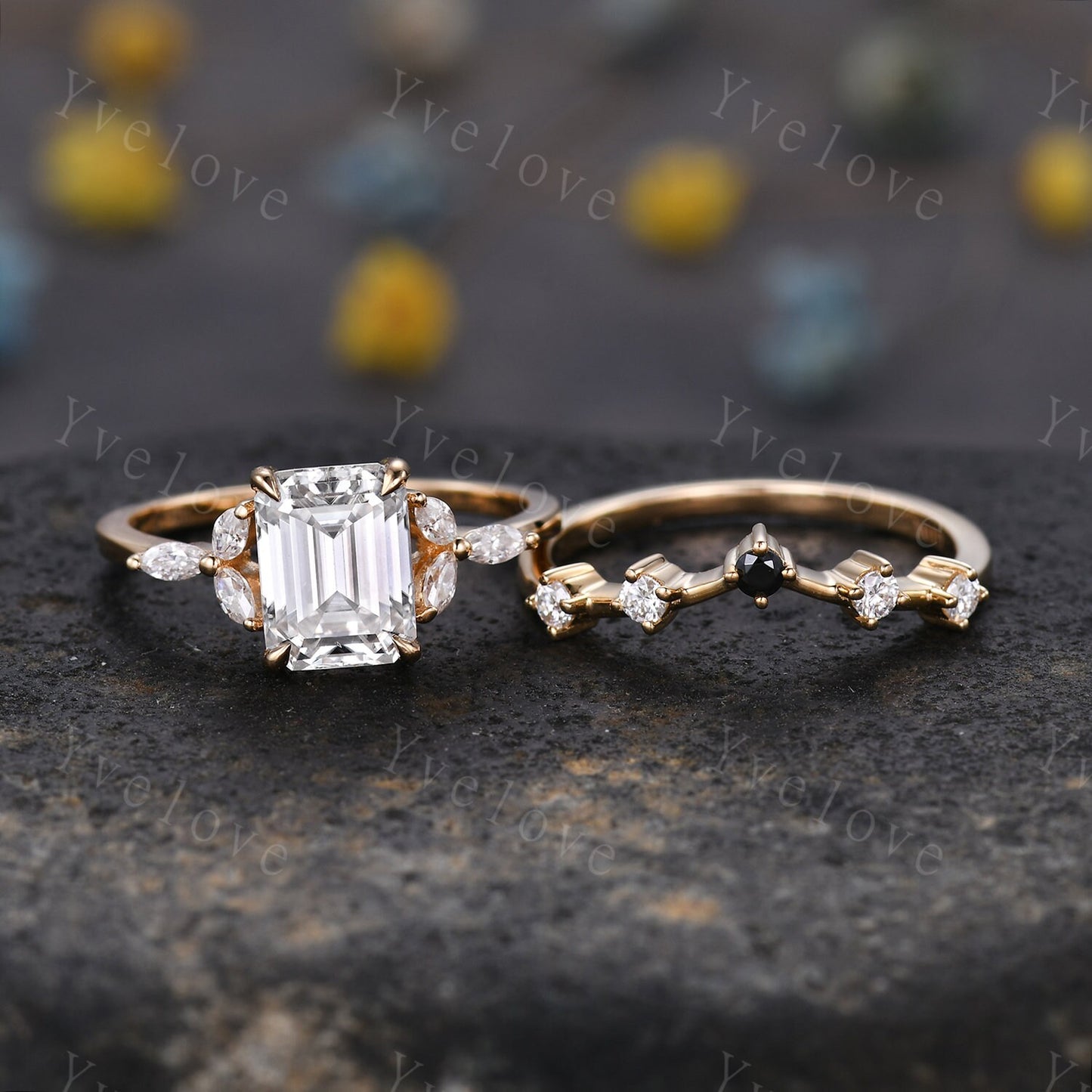 Vintage Moissanite Engagement Ring Set Emerald Cut Moissanite Ring Floral Split Shank Diamond Ring Bridal Ring Gift 10k Solid Gold Ring