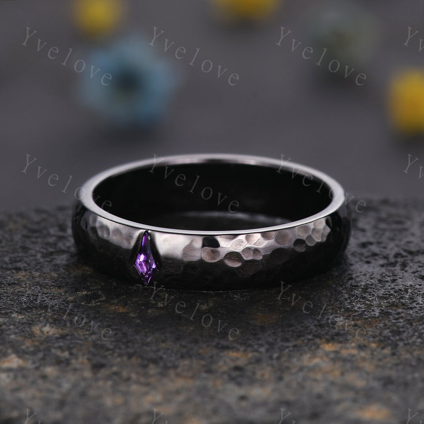 Mens Kite Amethyst Wedding Band Retro Platinum Ring Mens Hammered Stackable Matching Ring February Birthstone Vintage Ring Gift For Husband