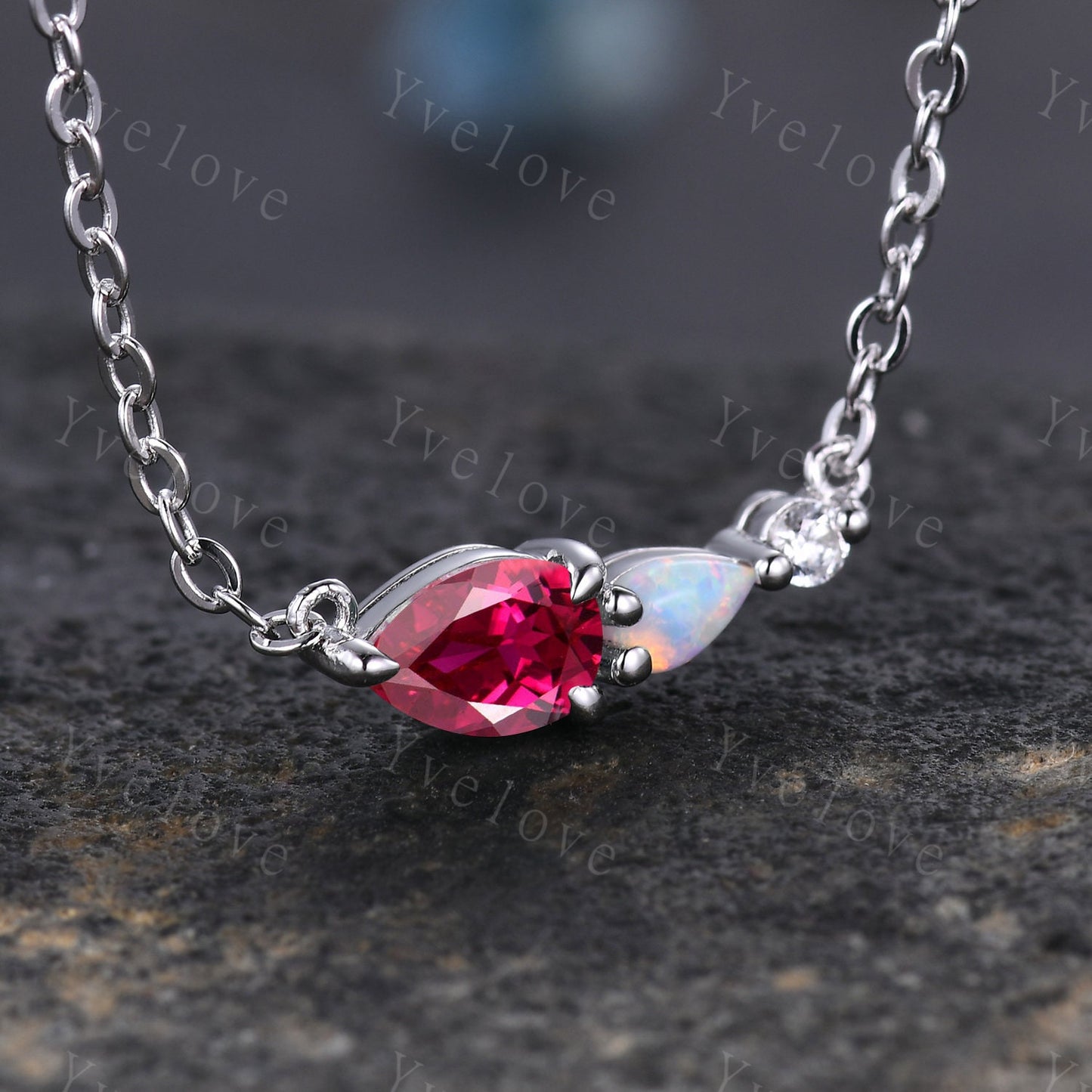 Unique Ruby Opal Necklace,Pear Cut Gems,Art Deco Moissanite Diamond Delicate Dainty Necklace,3 Stone Unique Women Bridal Gift,White gold