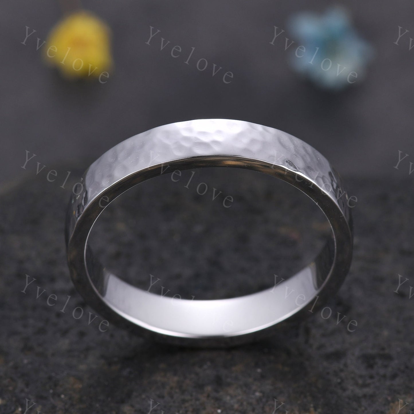 Unique Hammered Unisex Yellow Gold Band Hammered Finish 5mm Mens Ring Women Wedding Ring Plain Wedding Band Retro Vintage Ring Gift For Him