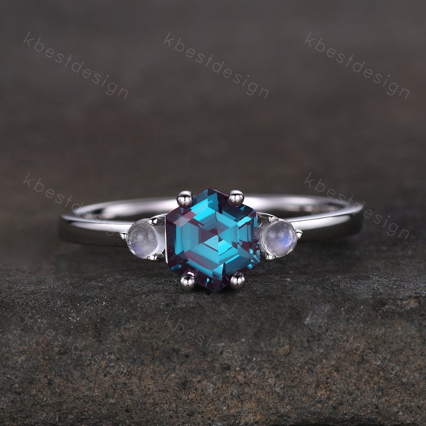 Vintage Alexandrite engagement ring hexagon cut ring rose gold moonstone wedding ring three stone engagement ring bridal promise ring