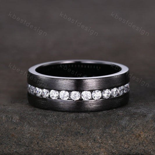Mens Moissanite Wedding Band Black Gold Moissanite Band Brushed Finish Band Mens 7mm Stacking Matching Band Retro Vintage Ring