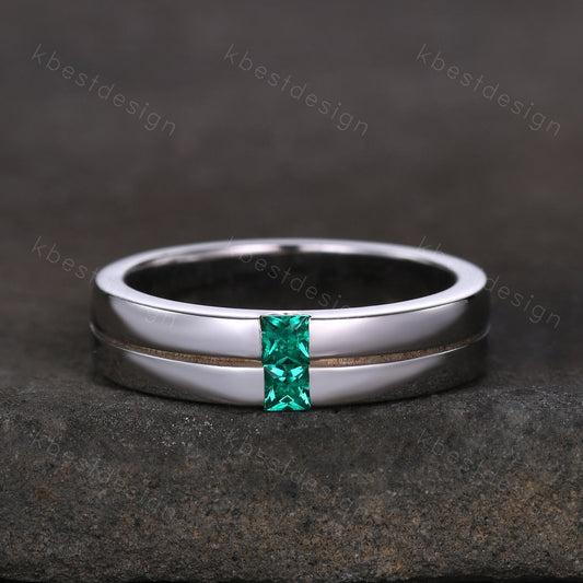 Mens Green Emerald Wedding Band, Princess Cut Double Green Emeralds Mens Wedding Band, Solid Gold 10k/14k/18k Wedding Ring
