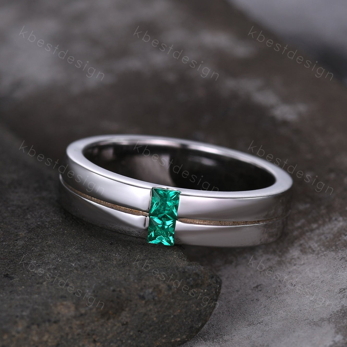 Mens Green Emerald Wedding Band, Princess Cut Double Green Emeralds Mens Wedding Band, Solid Gold 10k/14k/18k Wedding Ring