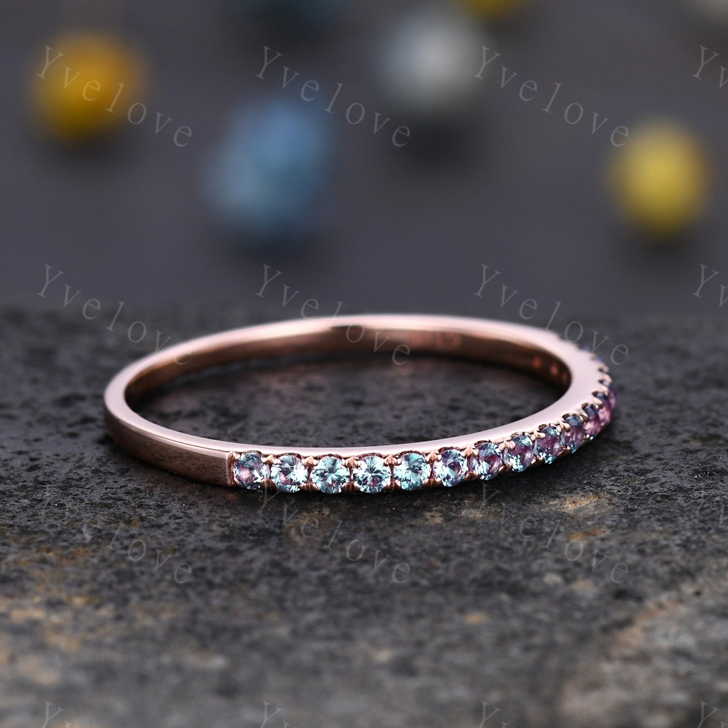 Alexandrite Wedding Band Full Eternity Band Rose Gold June Birthstone Ring Minimalist Ring Pave Wedding Band Stacking Band Anniversary Ring