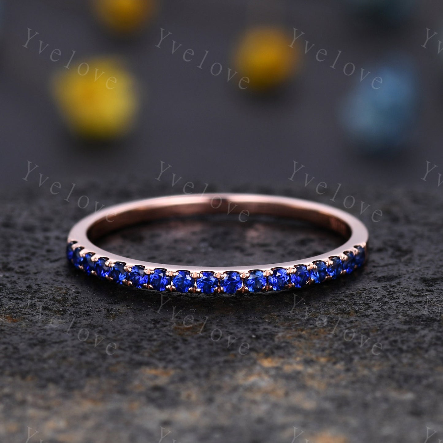 Blue Sapphire wedding band solid 14k rose gold,half eternity ring engagement ring stacking matching band anniversary ring gift for women