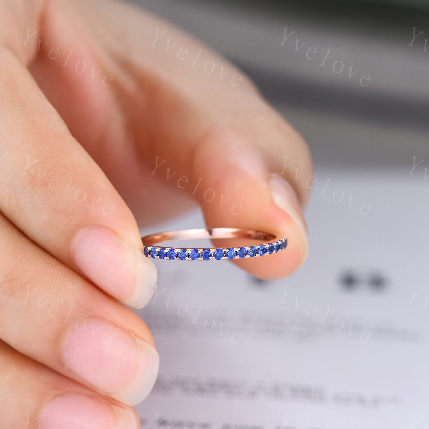 Blue Sapphire wedding band solid 14k rose gold,half eternity ring engagement ring stacking matching band anniversary ring gift for women