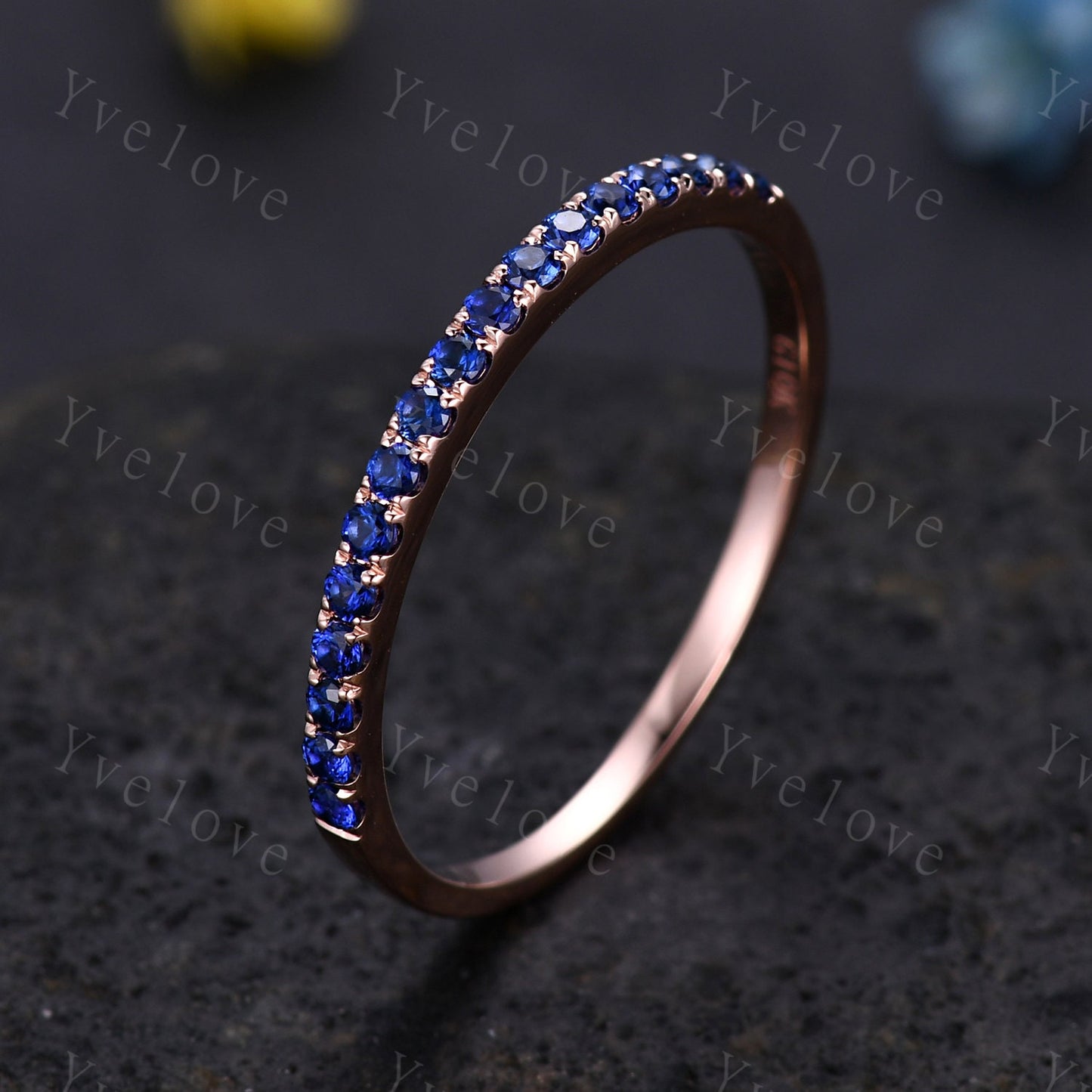 Blue Sapphire wedding band solid 14k rose gold,half eternity ring engagement ring stacking matching band anniversary ring gift for women