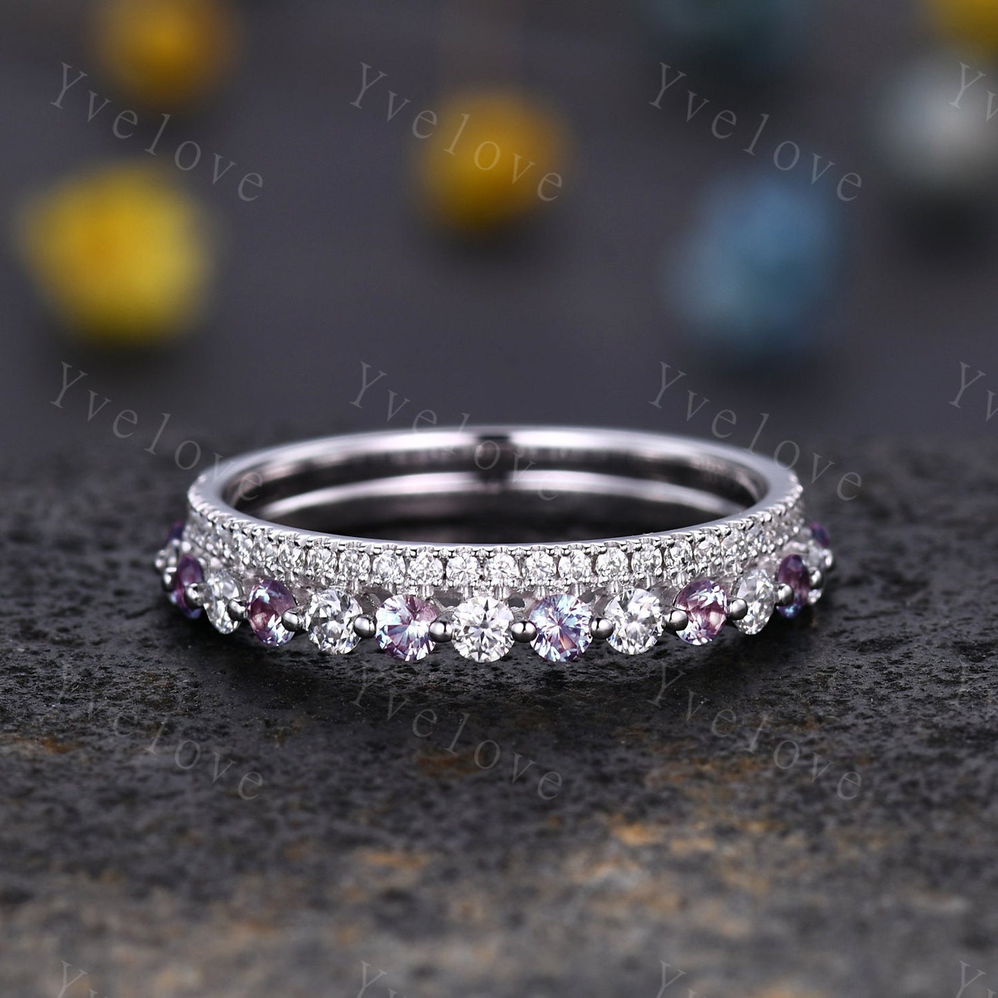 Double Row Vintage Alexandrite Moissanite Engagements Ring Half Eternity matching stacking band sterling silver bridal ring gift for women