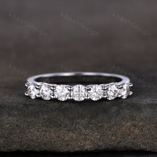 3mm Moissanite wedding band women Round cut 7 stone ring Unique Silver wedding band vintage Stacking Matching bridal ring promise ring