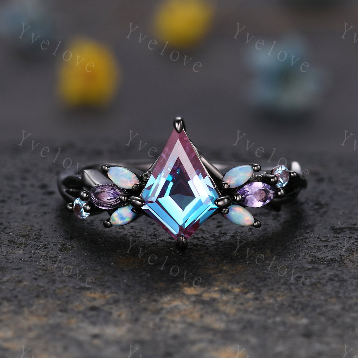 Vintage Kite Alexandrite Engagement Ring,Solid Gold,Vines Amethyst Opal Ring,Unique Matching Band Promise Bridal Stacking Ring Gift for her
