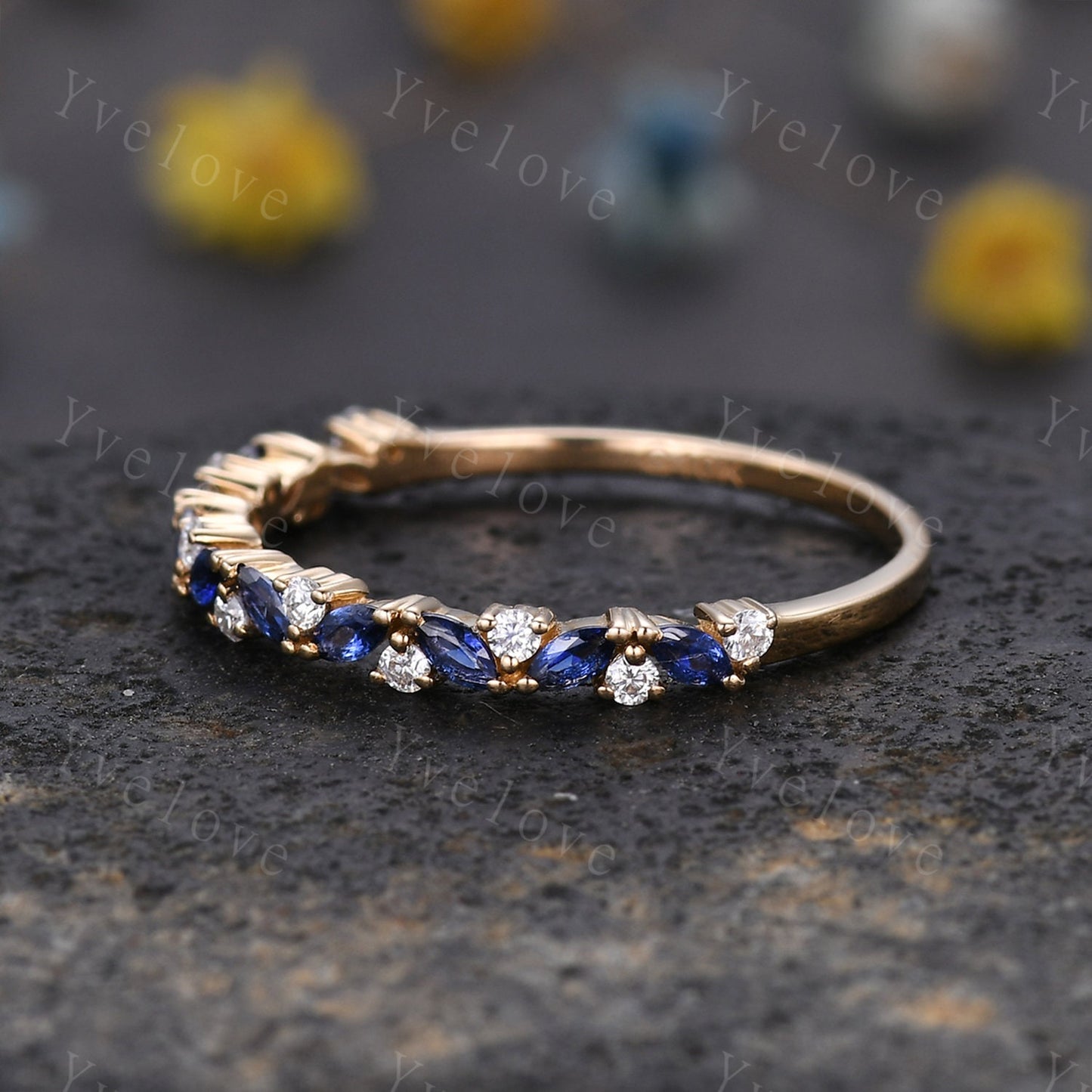 Marquise sapphire wedding band vintage sapphire ring white gold moissanite antique unique stacking band anniversary promise matching band