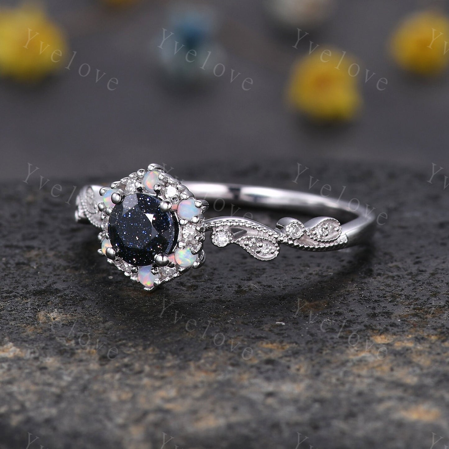 Retro Sandstone Engagement Ring 14k Rose Gold White Opal Diamond Wedding Ring Bridal Ring For Women Promise Anniversary Gift Christmas Gift