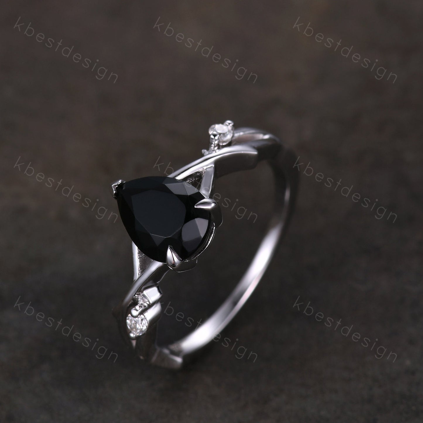 Twig Pear shaped black onyx ring silver vintage nature inspired unique black gemstone engagement ring antique bridal wedding ring for women